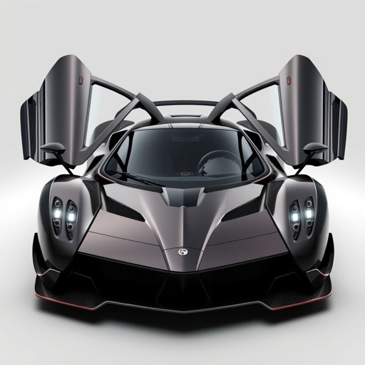 mockup design, Create a mockup design of a hypercar that seamlessly blends art and engineering, akin to a Pagani. Emphasize a sculpted carbon fiber body with aerodynamic curves, signature gullwing doors, and intricate LED headlights. Highlight a powerful twin-turbo V12 engine, luxurious interior details, and aggressive styling that captivates automotive enthusiasts.