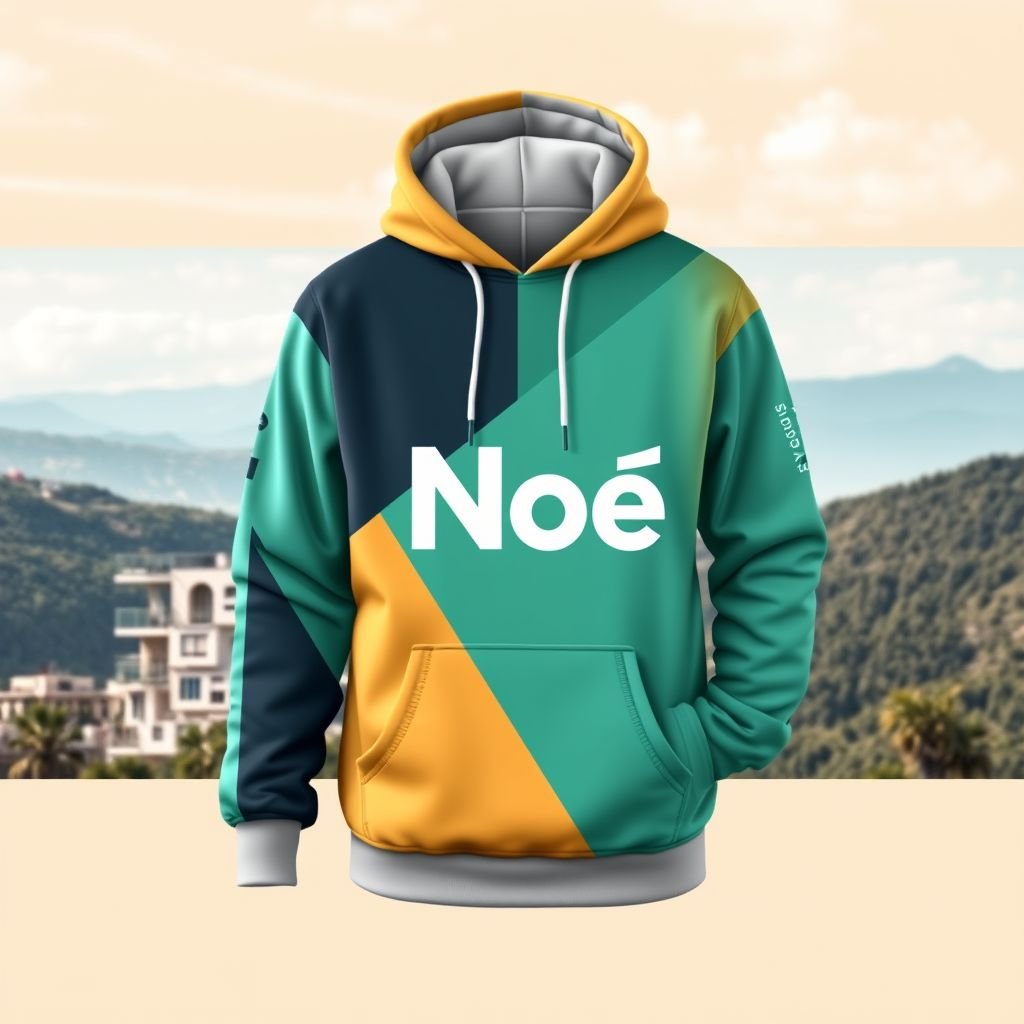 mockup design, Design a trendy hoodie featuring the brand name "Noï" prominently displayed. The hoodie should showcase a modern color palette with minimalistic geometric patterns. Include an adjustable drawstring hood and spacious kangaroo pocket. The fabric appears soft and comfortable, appealing to a youthful, urban audience. Include a scenic backdrop for context.