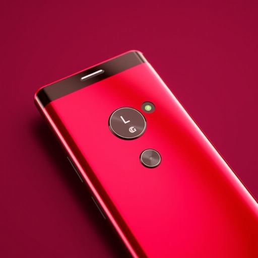 A sleek LG Lumia 950 smartphone, vibrant red aluminum casing, glossy finish reflecting light. A generous 6.0-inch screen dominates the front, surrounded by minimal bezels. A powerful 32 MP camera lens sits prominently, hinting at advanced photography capabilities. The essence of luxury, merging technology and sophistication, perfect for modern users.