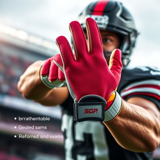 mockup design, Design a striking mockup of football gloves featuring a sleek, modern silhouette. Incorporate vibrant colors and an innovative grip texture. Showcase the gloves on a dynamic athlete in action, with a blurred stadium background. Highlight unique features like breathable fabric and reinforced seams to emphasize performance and durability.