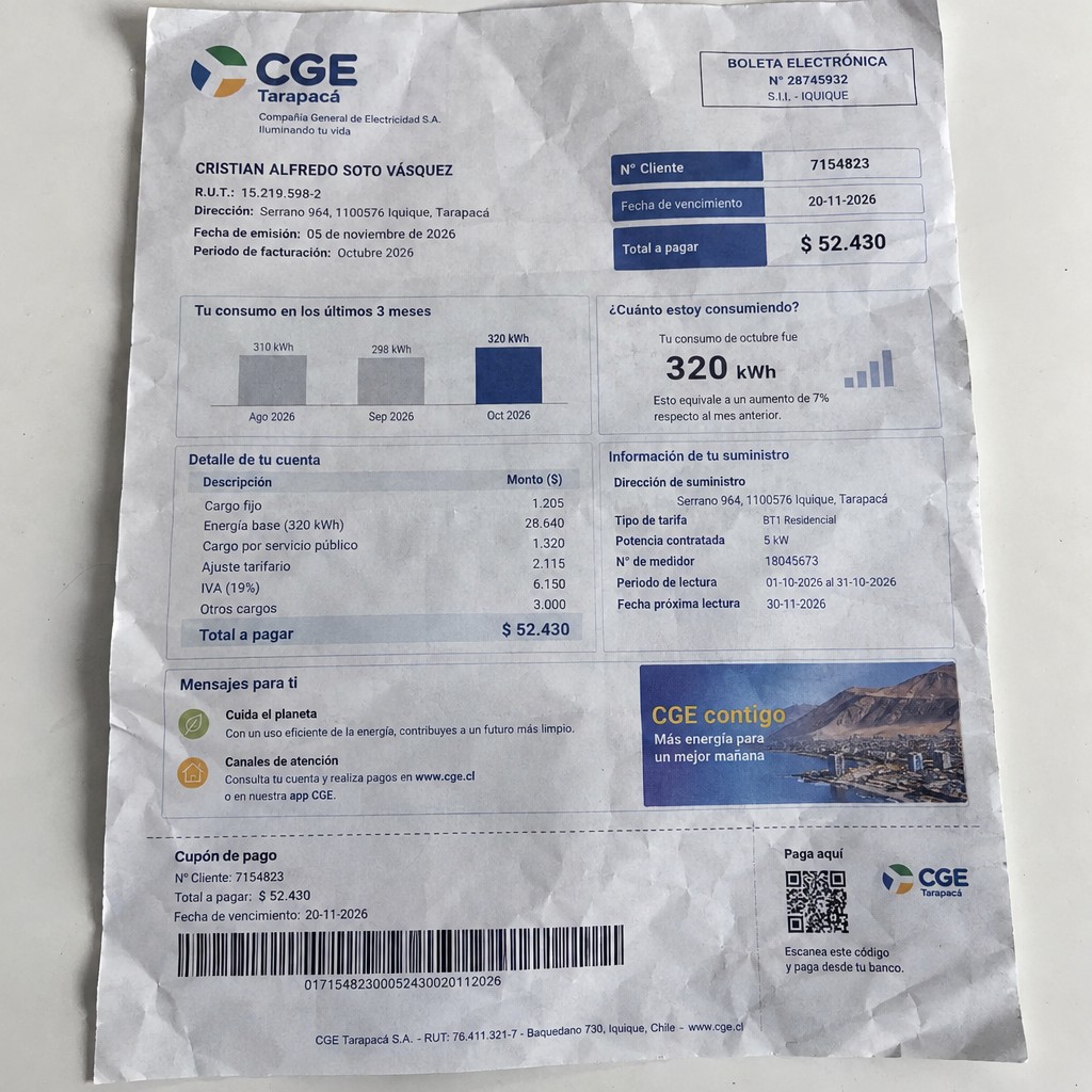 Create a statement, an electricity bill in CHILE. The A4 statement should be realistic, as if it were photographed on a phone. The document should be on a white background. The document must be for the last 3 months of October 2026. The document should contain several transactions and be wrinkled at the edges.
Name CRISTIAN ALFREDO SOTO VÁSQUEZ
Address Serrano 964, 1100576 Iquique, Tarapacá
R.U.T. 15219598-2
Date of birth 24.12.1981
