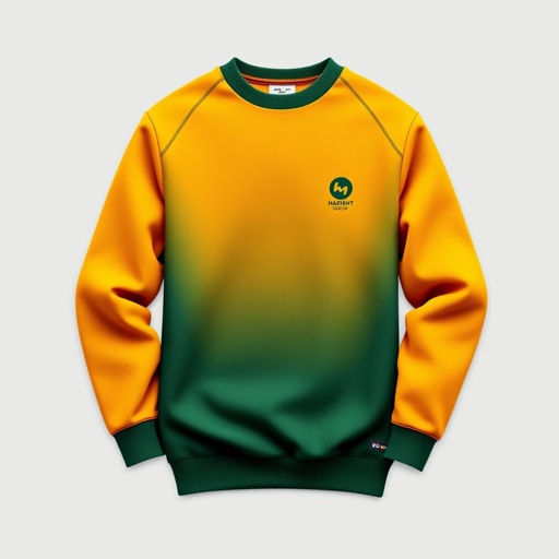 mockup design, Design a cozy crew neck sweatshirt mockup featuring a modern, relaxed fit. Incorporate a soft fabric texture and a vibrant color palette of deep forest green and mustard yellow. Showcase unique design elements like a minimalist logo on the chest and a stylish tag detail near the hem, perfect for casual wear.