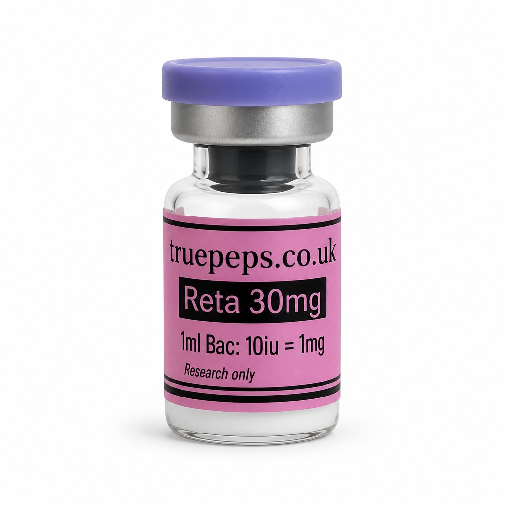 Recreate the exact glass pharmaceutical vial shown in the reference image, with no design changes whatsoever — same lilac/blue flip-off cap, same silver crimp collar, same clear glass vial, same pink label with black double-line border. Label text must match exactly: "truepeps.co.uk" at the top, a black bar containing "Reta 30mg" in pink text, then "1ml Bac: 10iu = 1mg" below it, and "Research only" in small italic text at the bottom. Do not alter colors, wording, logo, or label layout in any way.
Reframe only: center the vial upright in the middle of the frame, straight-on eye-level angle, full label facing camera and fully legible with no text cut off. Place on a seamless pure white studio background. Soft, even diffused studio lighting with no harsh glare on the glass or cap. Subtle soft realistic shadow directly beneath the vial. Sharp focus throughout, especially the label text. Professional e-commerce product photography style, high detail, 4K.