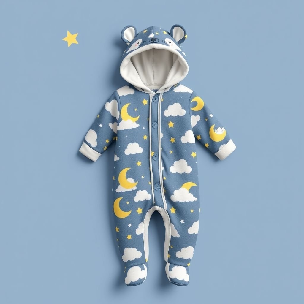 mockup design, Design a cozy baby sleep suit featuring a whimsical night sky theme, complete with pastel clouds, twinkling stars, and adorable moon characters. The suit should be made from soft, breathable fabric, with snap buttons for easy dressing. Include a cute hood with little animal ears to enhance comfort and playfulness.