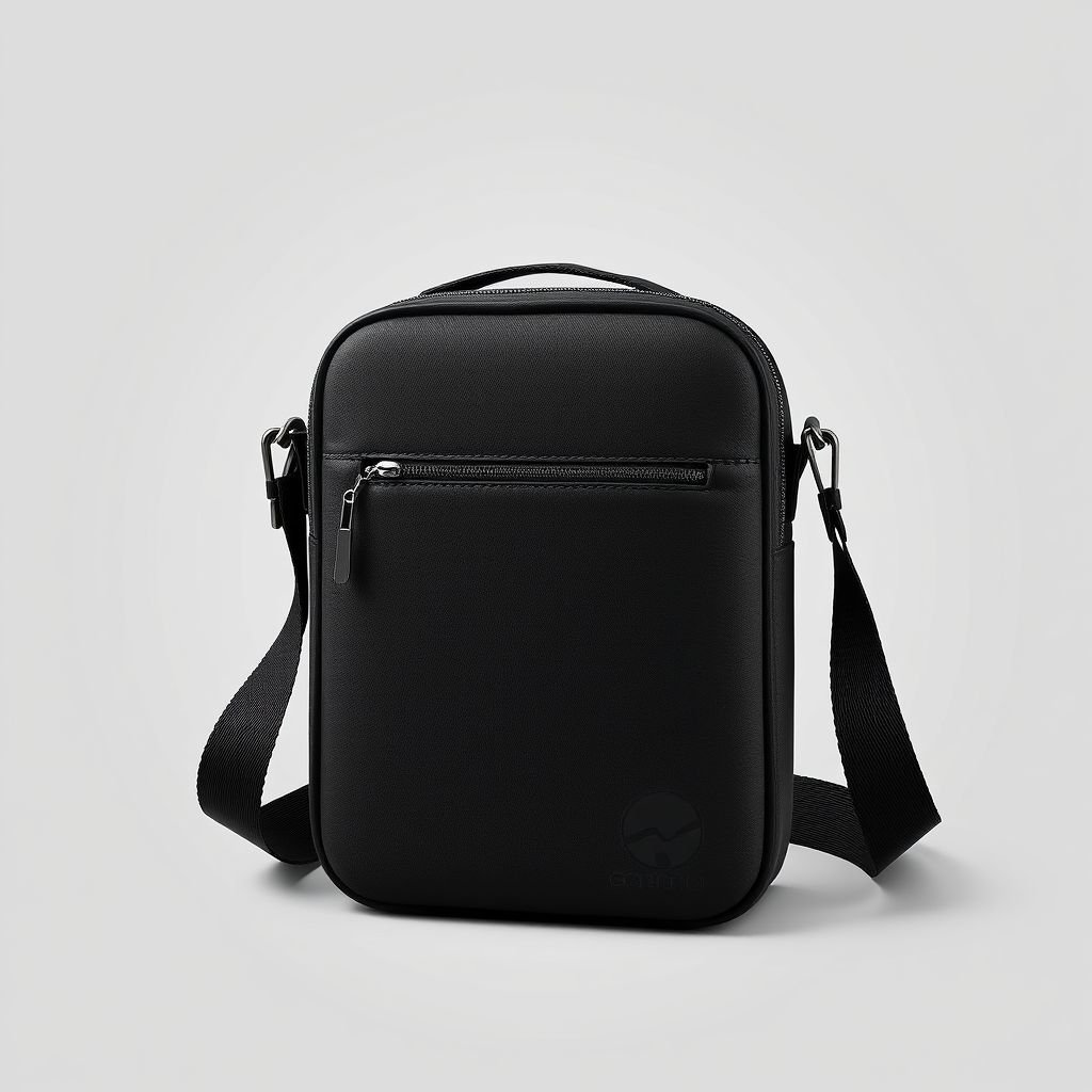 mockup design, Design a sleek, modern crossbody black bag for men, incorporating durable, water-resistant materials. Showcase adjustable straps for comfort and versatility, with multiple compartments for organization. Feature a minimalist logo subtly embossed on the front. The overall aesthetic should blend functionality with a stylish urban appeal, perfect for daily use.
