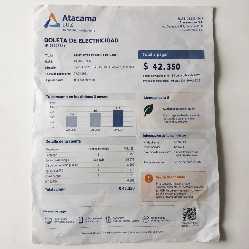 Create a statement, an electricity bill in CHILE. The A4 statement should be realistic, as if it were photographed on a phone. The document should be on a white background. The document must be for the last 3 months of October 2026. The document should contain several transactions and be wrinkled at the edges.
Name JHIMY PITER FERREIRA OLIVARES
Address Carlos Cortés 1348, 1531083 Copiapó, Atacama
R.U.T. 13987789-6
Date of birth 09.03.1981