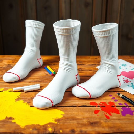 mockup design, Design a vibrant mockup featuring blank socks displayed on a rustic wooden table. Showcase various angles, emphasizing the fabric texture and potential for customization. Incorporate elements like colorful paint splashes and design tools (markers, stencils) to inspire creativity. Use vibrant lighting to highlight the socks while maintaining a minimalist aesthetic.