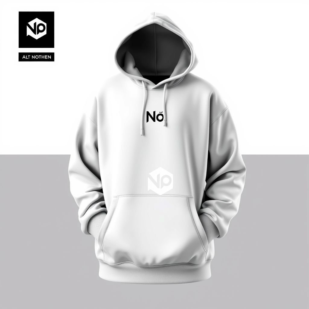 mockup design, Design a modern hoodie named "Noï" featuring a minimalist aesthetic. Incorporate a sleek, monochrome color palette with subtle textures. The hoodie should have an oversized fit, a high neckline, and deep kangaroo pockets. Add a unique logo or emblem on the chest, creating a chic yet comfortable look for urban wear.