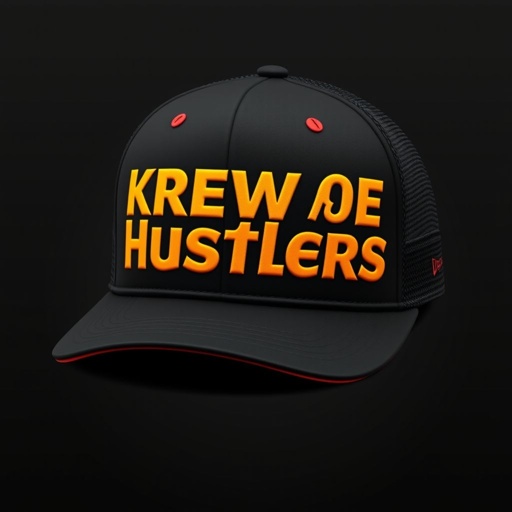 mockup design, Create a stylish baseball cap mockup featuring the brand name "Krewe Of Hustlers" prominently embroidered on the front. The design should incorporate a bold, urban vibe with a sleek black color scheme, contrasting vibrant accents. Include a snapback closure and a breathable mesh back for a modern athletic look.
