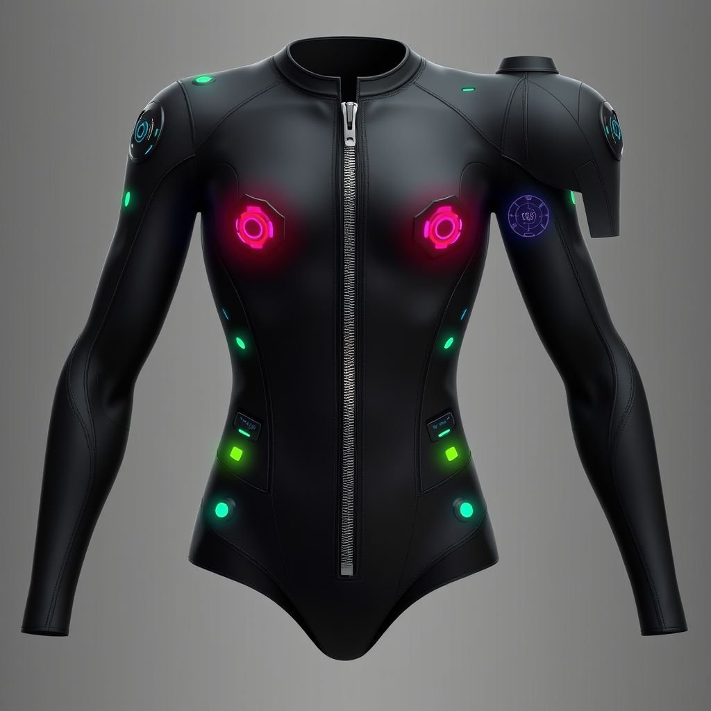 mockup design, Design a sleek, black, form-fitting bodysuit featuring a striking silver zipper running down the front. Integrate 1-5 discreet pockets. Adorn the suit with colorfully glowing buttons and switches that activate hidden mechanisms. Include dynamic screens that exhibit vibrant diagrams, scales, and radars in a range of eye-catching colors, enhancing its futuristic appeal.