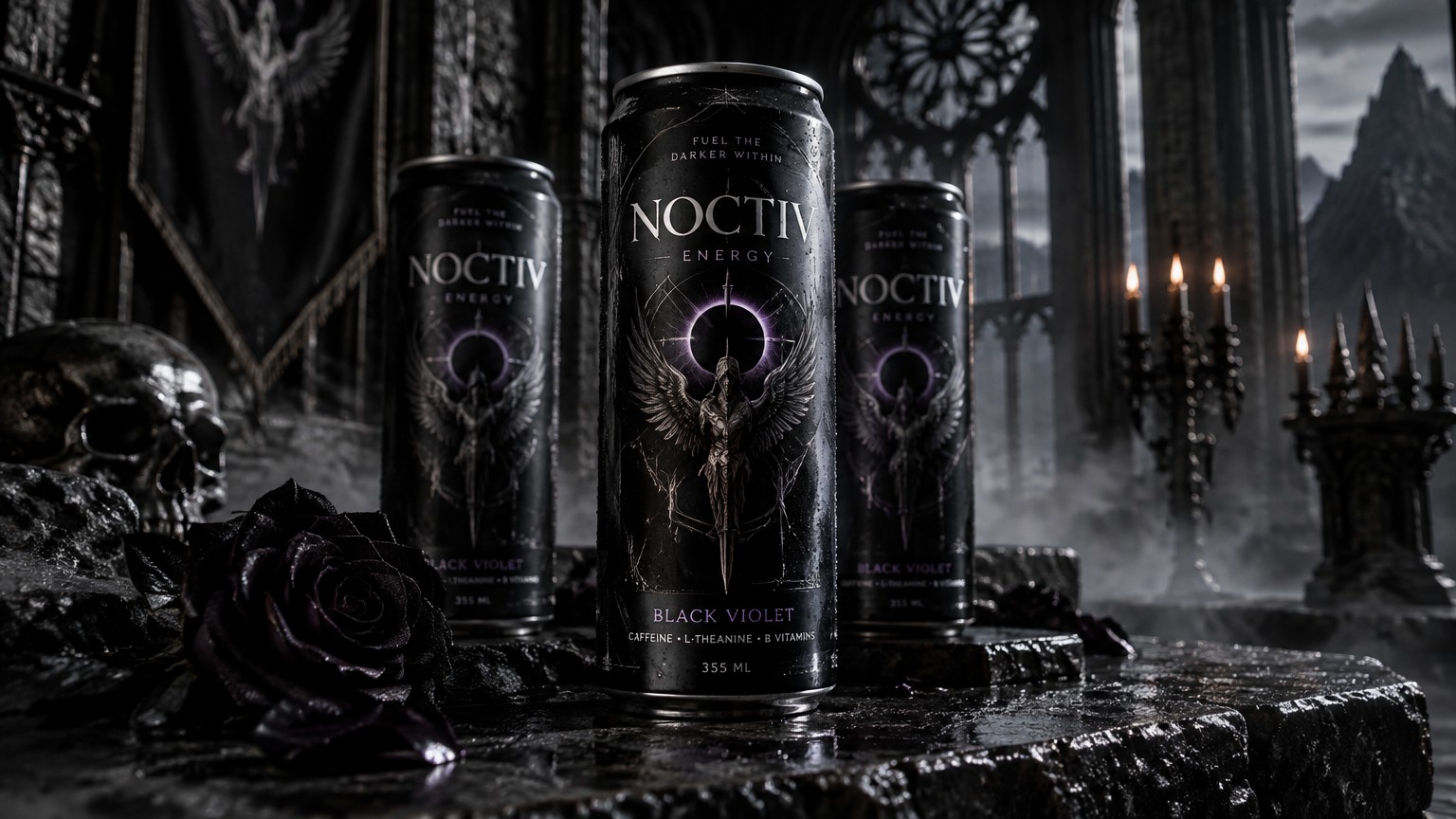 Luxury gothic energy drink advertising campaign, multiple slim 355ml aluminum cans arranged in a sophisticated, dramatic composition. Dark gothic architecture, black stone textures, subtle ornamental details inspired by gothic cathedrals, deep shadows, muted silver highlights, cold metallic reflections, delicate mist, dark atmospheric environment, elegant chiaroscuro lighting, monochromatic black and charcoal palette with restrained dark violet accents, premium editorial art direction, dark romanticism, refined and intimidating mood, realistic product photography, cinematic composition, tactile materials, high detail, professional luxury beverage campaign, 16:9 landscape.