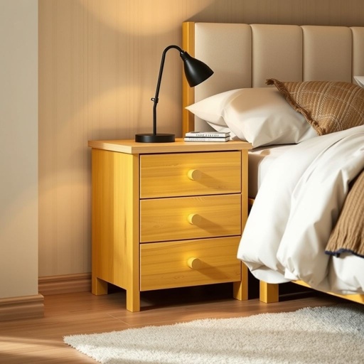 A contemporary three-drawer bedside cabinet crafted from warm pine wood. Smooth yellow finish, radiating a cheerful glow. Elegant minimalist lines, geometric handles, inviting a modern touch. Positioned beside a plush bed, soft linens, ambient lighting creating a cozy atmosphere. A perfect blend of functionality and style, enhancing the serene bedroom space.