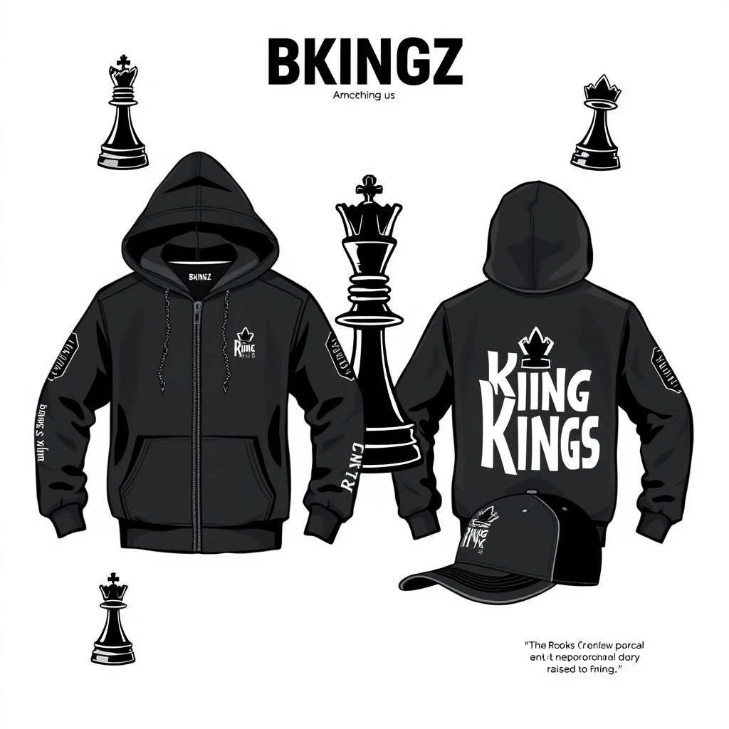 mockup design, **Mockup Design Prompt for BKINGZ:**
Create a sleek, urban apparel mockup for the BKINGZ brand, targeting young boys. Incorporate "The Rook" chess piece subtly into the design as an edgy emblem—stylized with sharp edges and chains. Use embroidered patches and zipper pulls, combining simplicity with rebellious essence. Include emotional copy lines like "Rebel in Silk" and "Raised to Reign" to reinforce brand identity. Choose a monochrome palette with splashes of vibrant colors to appeal to youthful energy. Showcase items like hoodies, tees, and caps, highlighting edgy streetwear aesthetics while emphasizing the guardian symbolism of rooks and kings.