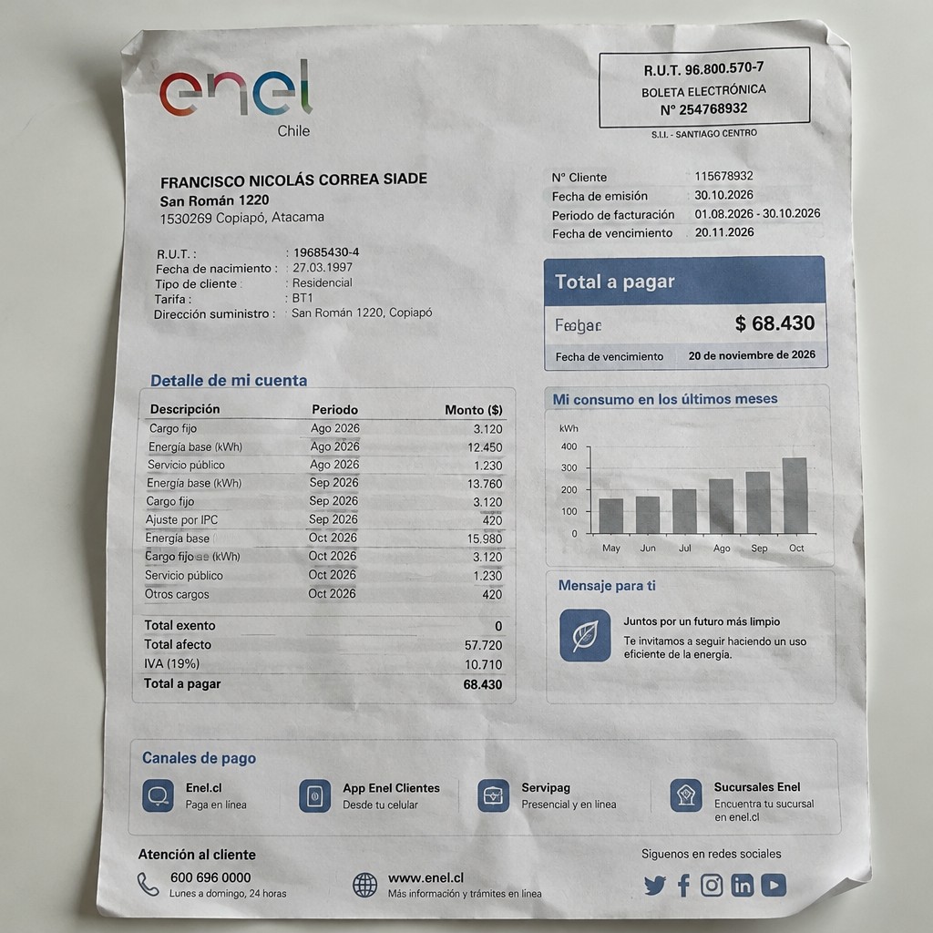 Create a statement, an electricity bill in CHILE. The A4 statement should be realistic, as if it were photographed on a phone. The document should be on a white background. The document must be for the last 3 months of October 2026. The document should contain several transactions and be wrinkled at the edges.
Name FRANCISCO NICOLÁS CORREA SIADE
Address San Román 1220, 1530269 Copiapó, Atacama
R.U.T. 19685430-4
Date of birth 27.03.1997
Date of discharge 30.10.2026 (OCTOBER 2026)