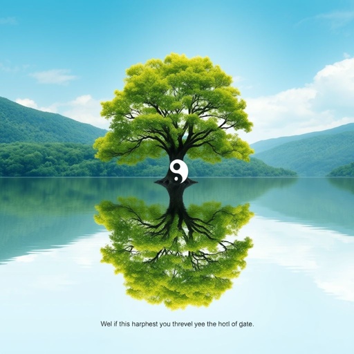 mockup design, Create a visually striking mockup that symbolizes "Balance" through a serene landscape featuring a perfectly symmetrical tree reflecting in calm waters. Incorporate elements like a yin-yang symbol subtly woven into the foliage and use a soothing color palette of greens and blues. Include a soft, inspirational quote about harmony.