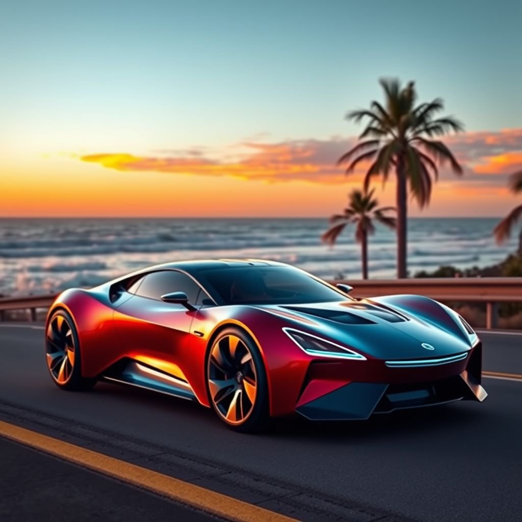 mockup design, Design a sleek, futuristic car parked on a scenic coastal highway at sunset. The car features an aerodynamic shape, vibrant colors, and high-tech elements like LED lights and solar panels. Surround it with a backdrop of crashing waves, palm trees, and a stunning orange sky, emphasizing adventure and innovation.