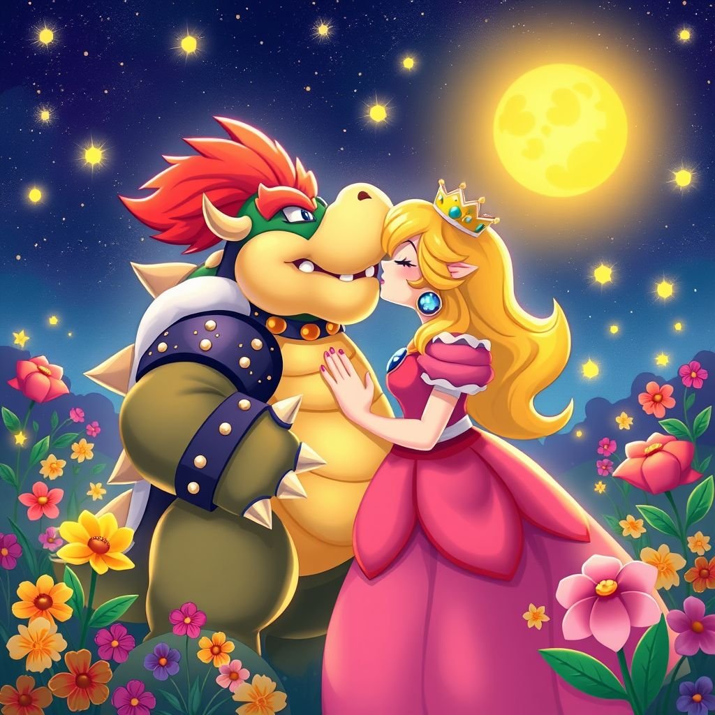 mockup design, Create a whimsical illustration of Bowser and Princess Peach sharing a tender kiss under a starry night sky. The scene is set in a vibrant, enchanted garden filled with colorful flowers and magical fireflies. Bowser, in his classic spiky armor, leans down affectionately, while Peach radiates joy in her regal gown.