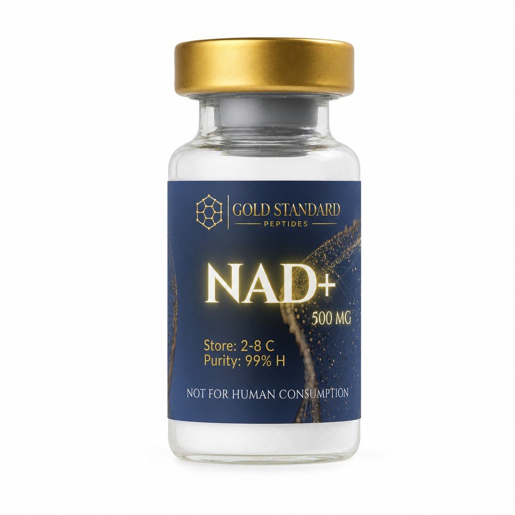 recreate this EXACT peptide vial photo, background, gold lid, size,and in the inside of the vial and everything just replace the original label with the new one provided, keep back ground white, keep the EXACT size and shape of the vial