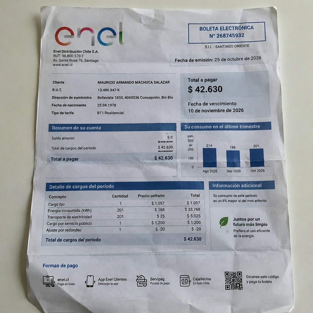 Create a statement, an electricity bill in CHILE. The A4 statement should be realistic, as if it were photographed on a phone. The document should be on a white background. The document must be for the last 3 months of October 2026. The document should contain several transactions and be wrinkled at the edges.
Name MAURICIO ARMANDO MACHUCA SALAZAR
Address Bellavista 1850, 4060036 Concepción, Bío Bío
R.U.T. 13486947-K
Date of birth 25.04.1978
Date of discharge 25.10.2026 (OCTOBER 2026)