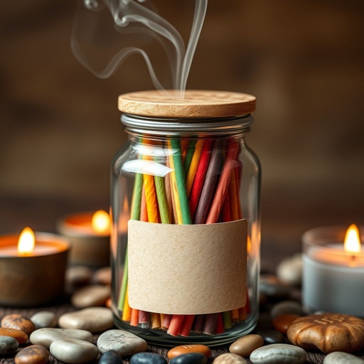 mockup design, Design a rustic glass jar filled with colorful, swirling incense sticks that emit soft tendrils of smoke. The jar should have a subtle wooden lid, and feature a blank, textured label for customization. Surround the jar with a serene setting, including pebbles and candles, evoking a tranquil, aromatic atmosphere.