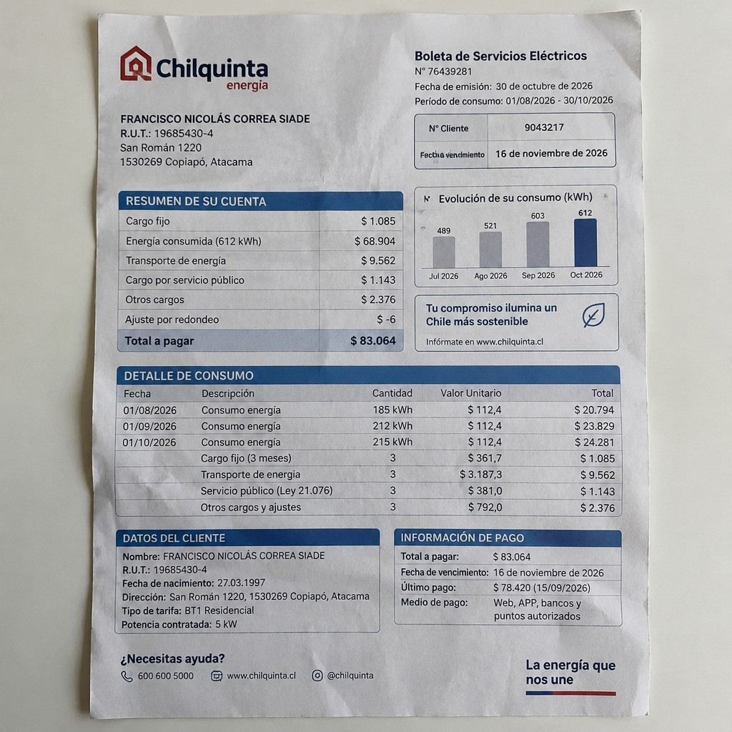 Create a statement, an electricity bill in CHILE. The A4 statement should be realistic, as if it were photographed on a phone. The document should be on a white background. The document must be for the last 3 months of October 2026. The document should contain several transactions and be wrinkled at the edges.
Name FRANCISCO NICOLÁS CORREA SIADE
Address San Román 1220, 1530269 Copiapó, Atacama
R.U.T. 19685430-4
Date of birth 27.03.1997
Date of discharge 30.10.2026 (OCTOBER 2026)
