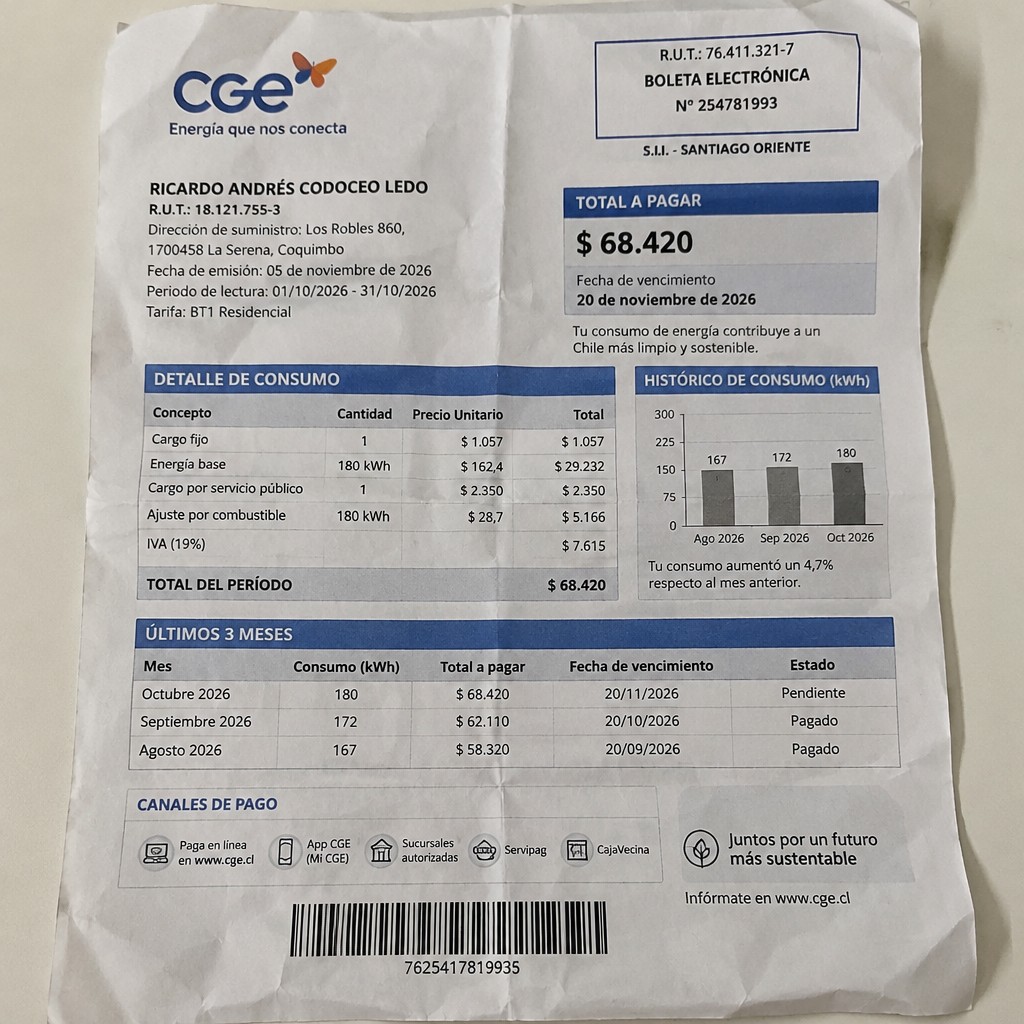 Create a statement, an electricity bill in CHILE. The A4 statement should be realistic, as if it were photographed on a phone. The document should be on a white background. The document must be for the last 3 months of October 2026. The document should contain several transactions and be wrinkled at the edges.
Name RICARDO ANDRÉS CODOCEO LEDO
Address Los Robles 860, 1700458 La Serena, Coquimbo
R.U.T. 18121755-3
Date of birth 25.06.1992