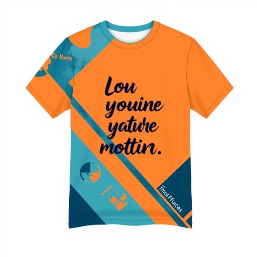 mockup design, Design a trendy T-shirt featuring a vibrant, abstract geometric pattern in shades of blue and orange. Incorporate a motivational quote in a stylish, modern font placed diagonally across the shirt. Choose a relaxed fit with short sleeves and a round neck, showcasing the design against a neutral background for emphasis.