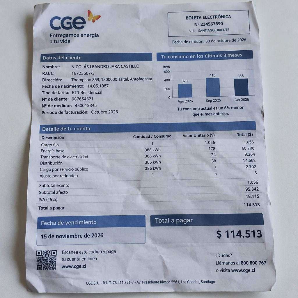 Create a statement, an electricity bill in CHILE. The A4 statement should be realistic, as if it were photographed on a phone. The document should be on a white background. The document must be for the last 3 months of October 2026. The document should contain several transactions and be wrinkled at the edges.
Name NICOLÁS LEANDRO JARA CASTILLO
Address Thompson 859, 1300000 Taltal, Antofagasta
R.U.T. 16723607-3
Date of birth 14.05.1987
Date of discharge 30.10.2026 (OCTOBER 2026)