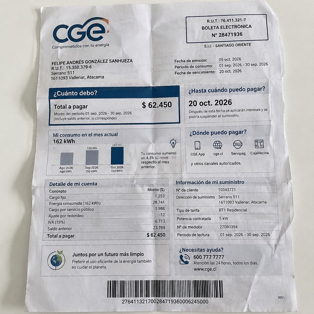 Create a statement, an electricity bill in CHILE. The A4 statement should be realistic, as if it were photographed on a phone. The document should be on a white background. The document must be for the last 3 months of October 2026. The document should contain several transactions and be wrinkled at the edges.
Name FELIPE ANDRÉS GONZÁLEZ SANHUEZA
Address Serrano 511, 1611093 Vallenar, Atacama
R.U.T. 15350379-6
Date of birth 02.07.1982