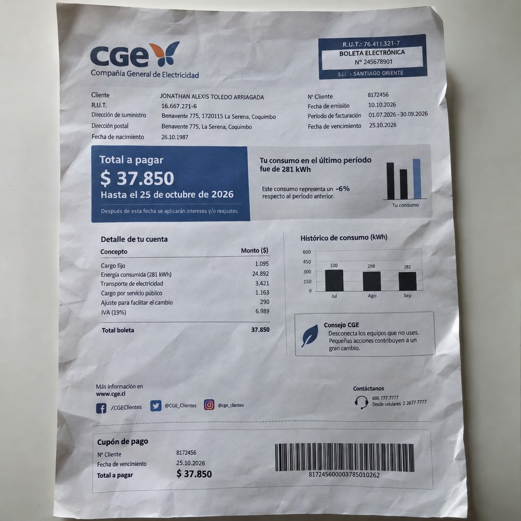 Create a statement, an electricity bill in CHILE. The A4 statement should be realistic, as if it were photographed on a phone. The document should be on a white background. The document must be for the last 3 months of October 2026. The document should contain several transactions and be wrinkled at the edges.
Name JONATHAN ALEXIS TOLEDO ARRIAGADA
Address
Benavente 775, 1720115 La Serena, Coquimbo
R.U.T. 16667271-6
Date of birth 26.10.1987
Date of discharge 25.10.2026 (OCTOBER 2026)