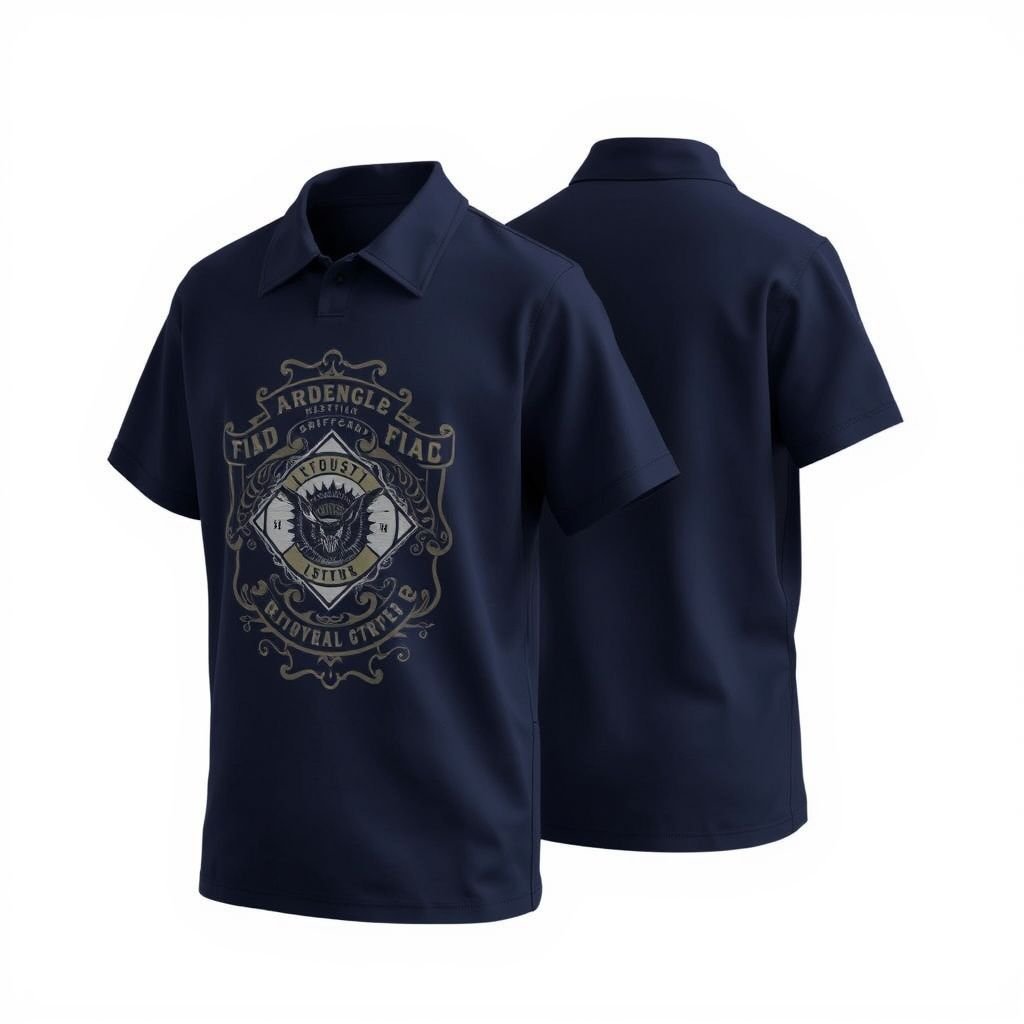 mockup design, Design a mockup of a heavyweight tee featuring a prominently thick collar, crafted from soft, durable cotton for comfort. Showcase a rich, deep navy color, adorned with a vintage graphic print on the front. Include side views to highlight the collar’s structure and the tee’s relaxed fit, appealing to casual fashion enthusiasts.