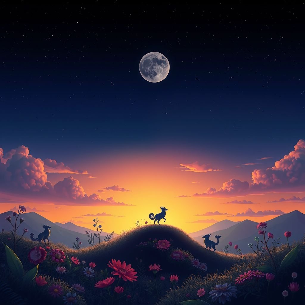mockup design, Create a dynamic mockup design titled "Phase," showcasing a seamless transition from day to night. Feature a surreal landscape with a gradient sky, merging vibrant sunset colors into deep night shades. Incorporate elements like transitioning flora and whimsical creatures that adapt to light changes, reflecting the beauty of transformation and evolution.