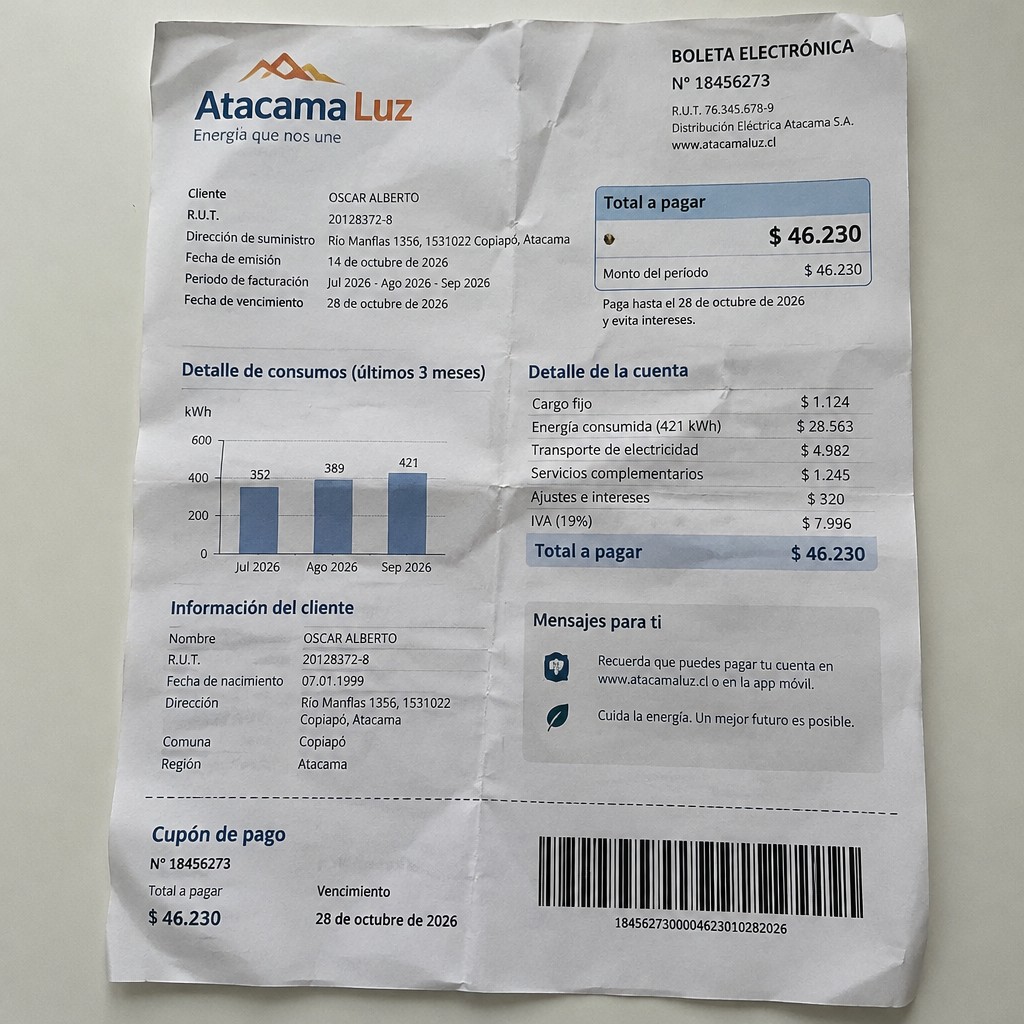 Create a statement, an electricity bill in CHILE. The A4 statement should be realistic, as if it were photographed on a phone. The document should be on a white background. The document must be for the last 3 months of October 2026. The document should contain several transactions and be wrinkled at the edges.
Name OSCAR ALBERTO
Address Río Manflas 1356, 1531022 Copiapó, Atacama
R.U.T. 20128372-8
Date of birth 07.01.1999
Date of discharge 14.10.2026 (OCTOBER 2026)