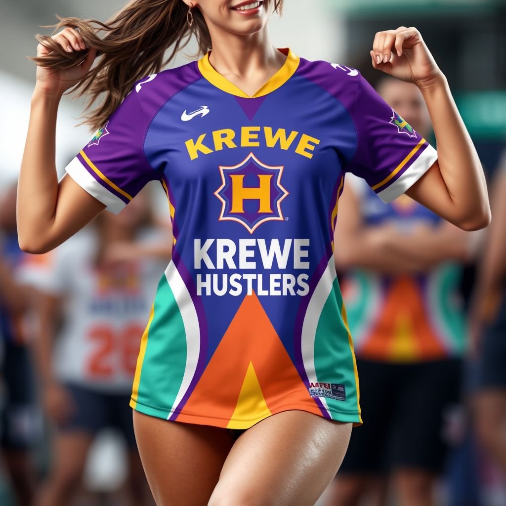mockup design, Create a vibrant women's jersey mockup for the Krewe Of Hustlers, featuring bold colors and dynamic graphics that embody the spirit of celebration. Incorporate the team logo prominently on the front, with stylish, contemporary typography for the team's name. Show a model in an energetic pose, emphasizing movement and community.