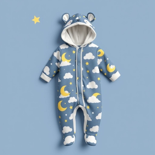 mockup design, Design a cozy baby sleep suit featuring a whimsical night sky theme, complete with pastel clouds, twinkling stars, and adorable moon characters. The suit should be made from soft, breathable fabric, with snap buttons for easy dressing. Include a cute hood with little animal ears to enhance comfort and playfulness.