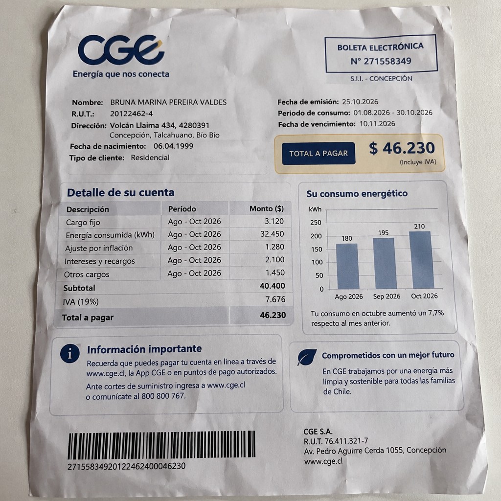 Create a statement, an electricity bill in CHILE. The A4 statement should be realistic, as if it were photographed on a phone. The document should be on a white background. The document must be for the last 3 months of October 2026. The document should contain several transactions and be wrinkled at the edges.
Name BRUNA MARINA PEREIRA VALDES
Address Volcán Llaima 434, 4280391 Concepción, Talcahuano, Bío Bío
R.U.T. 20122462-4
Date of birth 06.04.1999
Date of discharge 25.10.2026 (OCTOBER 2026)