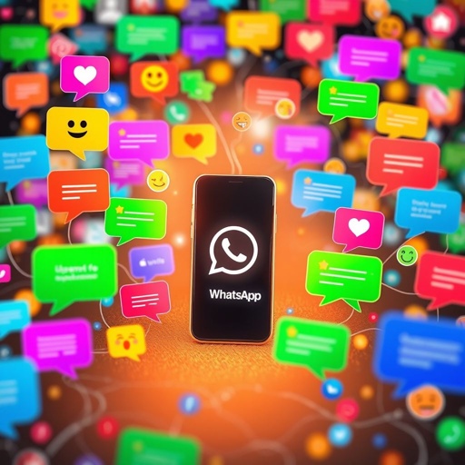 A vibrant digital landscape filled with colorful chat bubbles, each featuring playful emojis and notifications. A smartphone at the center, glowing softly with the WhatsApp logo. Floating icons representing friends and connections, surrounded by swirling lines of text. A backdrop of abstract social media symbols, creating a lively, interconnected atmosphere.