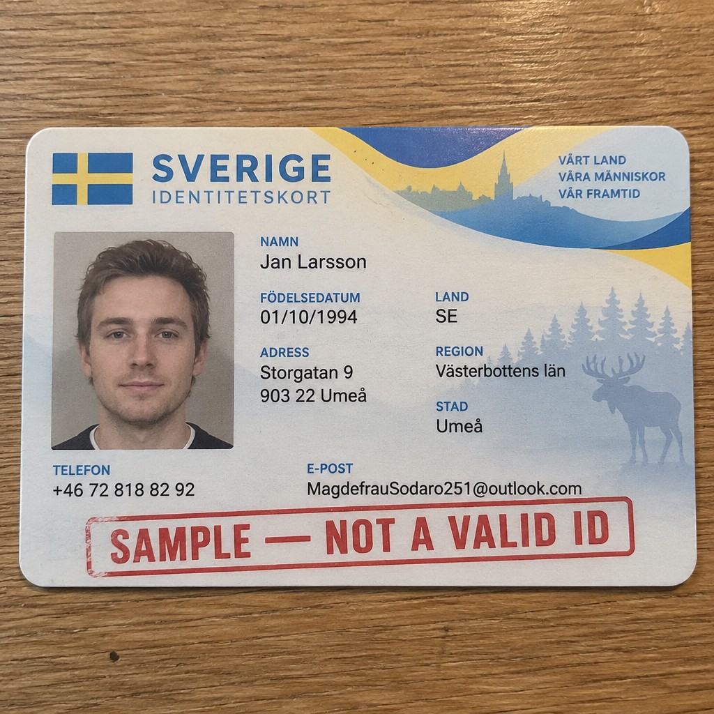 Generate a photorealistic image of a fictional Swedish identity card mockup.
Card Details:
Name: Jan Larsson
Organization: None
Email: MagdefrauSodaro251@outlook.com
Phone: +46 72 818 82 92
Date of Birth: 01/10/1994
Country: SE
Region: Västerbottens län
City: Umeå
Postal Code: 903 22
Address: Storgatan 9
Design Requirements:
Scandinavian-inspired Swedish-style identity card design with blue and yellow colors
Clearly fictional document intended for a visual mockup
Large visible "SAMPLE — NOT A VALID ID" marking
Generic Swedish-inspired graphic elements
Portrait photo position with a professional headshot-style placeholder
Name, date of birth, city, region and address clearly printed
Clean modern typography
High resolution, sharp text and colors
Realistic plastic-card texture
Natural reflections and subtle surface imperfections
Card placed flat on a wooden desk
Photographed from directly above with a smartphone camera
Natural indoor lighting and realistic soft shadows
Slight photographic imperfections for a convincing desk-photo appearance
Front-facing view of the card
No official Swedish government seal
No real personnummer
No barcode, QR code, MRZ, magnetic stripe, chip or holographic security features
Do not reproduce the exact layout of a real Swedish identity document
The final image should clearly look like a fictional prop/mockup rather than a valid government ID.