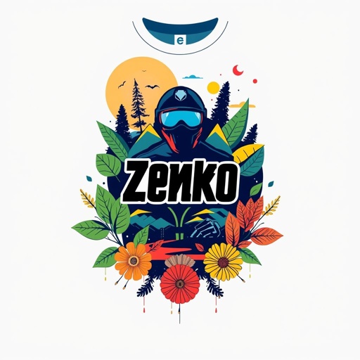 mockup design, Créez un t-shirt moderne et tendance destiné aux jeunes de 10 à 18 ans, avec le nom "Zenko" en police stylisée au centre. Utilisez une palette de couleurs vives et apaisantes, incorporant des motifs abstraits inspirés de la nature. Assurez des détails uniques comme des coutures contrastantes et une coupe oversize.