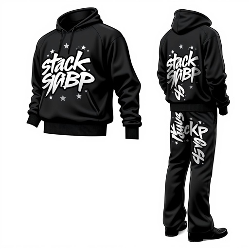 mockup design, Design a striking black flared tracksuit featuring the bold text "stackgbp" across the chest in sharp silver graffiti letters, radiating urban energy. Incorporate dynamic star motifs surrounding the logo. Ensure the trousers display a matching "stackgbp" design, spanning from pocket to pocket, with a mirrored version on the back for cohesive style.