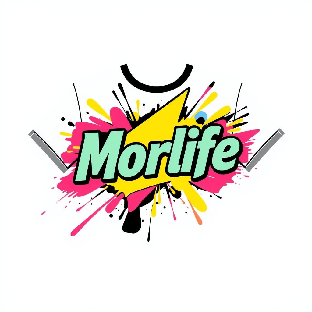 mockup design, Design a vibrant t-shirt featuring "Morlife" in bold, graphic typography. Incorporate dynamic shapes and splashes of color to create an energetic vibe. Use a modern font that captures attention, positioned prominently on the front. The background should be a subtle, contrasting color to enhance the graphic appeal and overall impact.