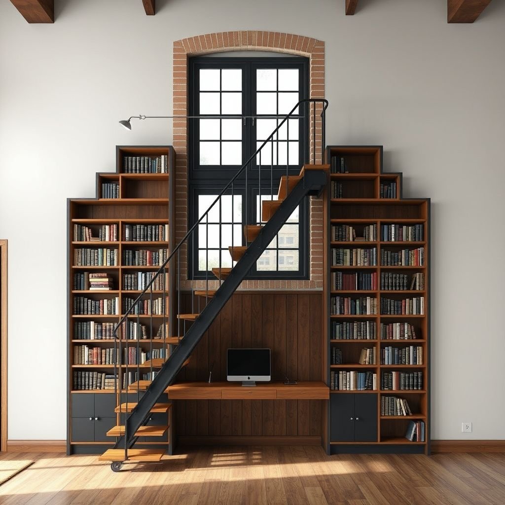 mockup design, Design a functional wall featuring a 6-foot-high fire escape window. The structure integrates a sturdy staircase descending to the floor, cleverly designed to double as bookshelves on both sides, with a built-in desk area beneath the window. The aesthetic blends urban industrial with cozy library vibes, incorporating warm wood tones and metal accents.