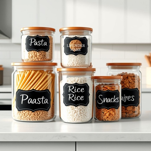mockup design, Create a visually appealing mockup showcasing various pantry containers elegantly labeled for organization. Incorporate clear, stylish font on chalkboard-style labels, featuring customizable categories like "Pasta," "Rice," and "Snacks." Highlight the containers in a modern kitchen setting with soft, natural lighting, emphasizing a clean and organized aesthetic that inspires culinary creativity.