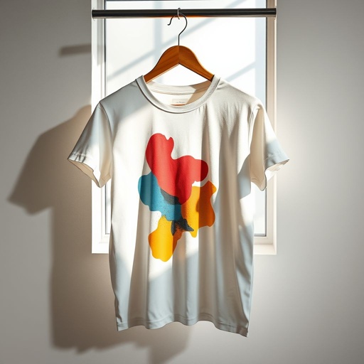 mockup design, Visualize a stylish graphic T-shirt hanging gracefully on a sleek wooden hanger. The shirt features a vibrant, abstract design in bold colors, contrasting with the earthy tones of the hanger. Soft, natural light filters through a nearby window, casting gentle shadows, enhancing the shirt’s vibrant colors and inviting texture.