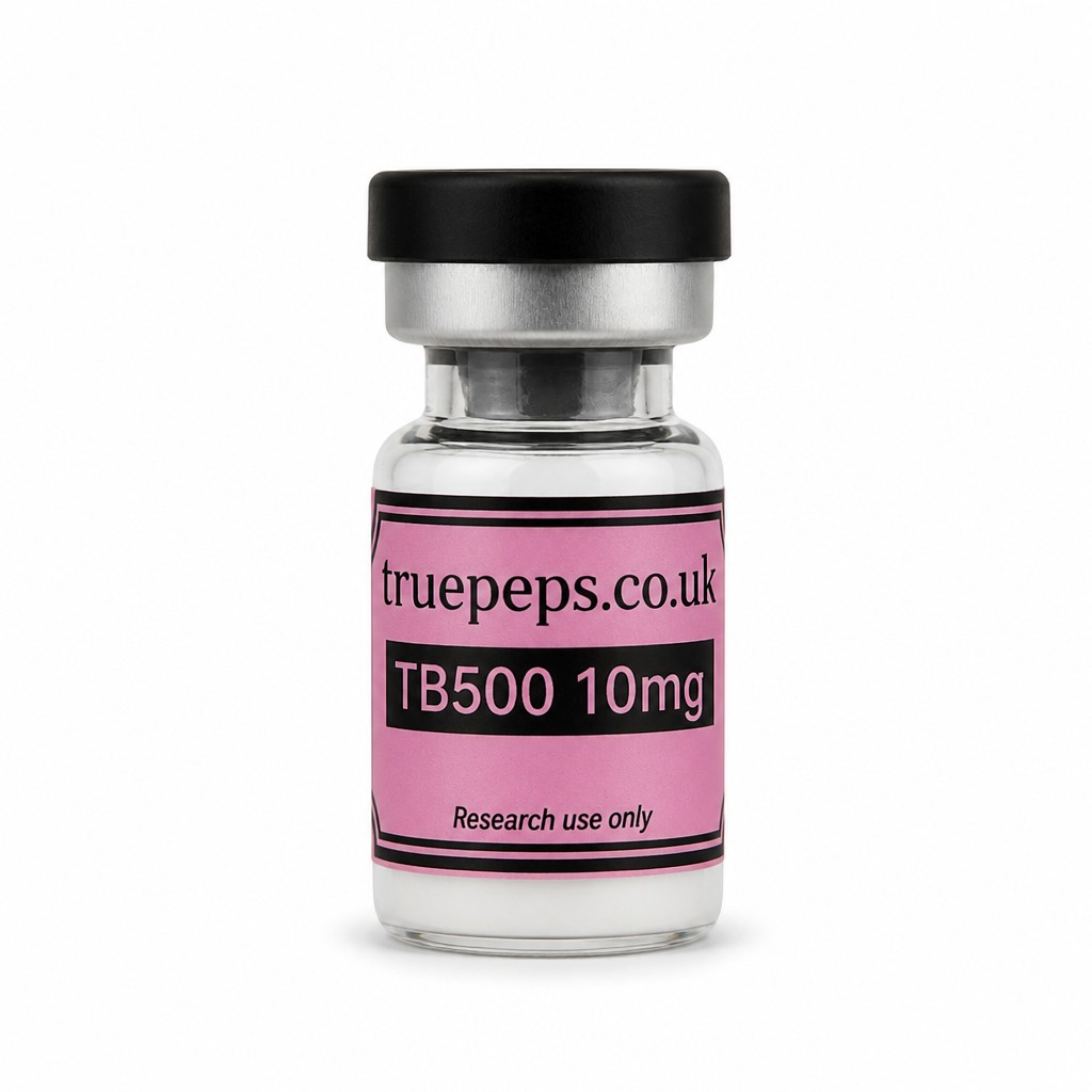 Recreate the exact glass pharmaceutical vial shown in the reference image, with no design changes whatsoever — same black flip-off cap, same silver crimp collar, same clear glass vial, same pink label with black double-line border. Label text must match exactly: "truepeps.co.uk" at the top, a black bar containing "TB500 10mg" in pink text, and "Research use only" in small italic text at the bottom. Do not alter colors, wording, logo, or label layout in any way.
Reframe only: center the vial upright in the middle of the frame, straight-on eye-level angle, full label facing camera and fully legible with no text cut off. Place on a seamless pure white studio background. Soft, even diffused studio lighting with no harsh glare on the glass or cap. Subtle soft realistic shadow directly beneath the vial. Sharp focus throughout, especially the label text. Professional e-commerce product photography style, high detail, 4K.