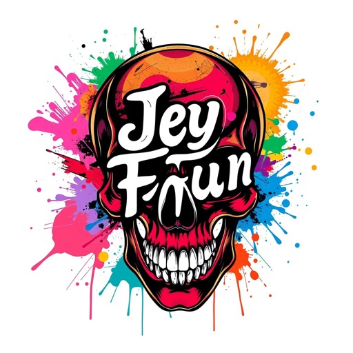 mockup design, Create a vibrant mockup design featuring an intricately detailed skull illustration. The skull should prominently display the bold inscription “Jey Foun” artistically integrated into its structure. Surround the skull with splashes of colorful paint to convey a sense of creativity and energy, merging dark themes with vivid artistic expression.