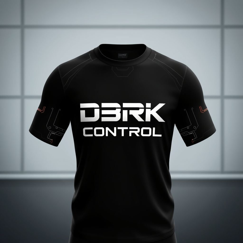 mockup design, Design a sleek black round neck top featuring the phrase "D3RK Control" prominently displayed in bold, futuristic typography across the chest. Incorporate subtle graphic elements like circuit patterns along the sleeves, and ensure the fabric has a modern, lightweight texture. Showcase the top against a minimalist urban backdrop for style context.