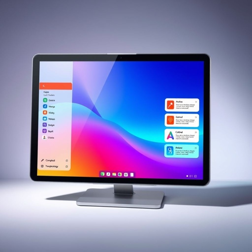 A sleek desktop device frame, showcasing a vibrant web app interface. Soft gradients in the background, with colorful buttons and smooth icons. A sidebar, filled with elegant typography, highlights user-friendly navigation. Shadows subtly enhance depth, while notifications pop with lively colors, conveying a sense of interactivity and modern design allure.
