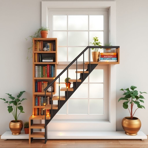 mockup design, Design a whimsical fire escape that creatively resembles a bookshelf, with sturdy shelves doubling as steps. The structure should extend from a window 5 ft above ground, featuring vibrant book spines and titles along the sides. Incorporate decorative elements like plants and fairy lights to enhance its inviting aesthetic.
