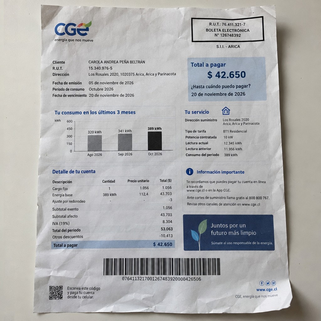 Create a statement, an electricity bill in CHILE. The A4 statement should be realistic, as if it were photographed on a phone. The document should be on a white background. The document must be for the last 3 months of October 2026. The document should contain several transactions and be wrinkled at the edges.
Name CAROLA ANDREA PEÑA BELTRÁN
Address Los Rosales 2020, 1020375 Arica, Arica y Parinacota
R.U.T. 15340976-5
Date of birth 23.05.1983